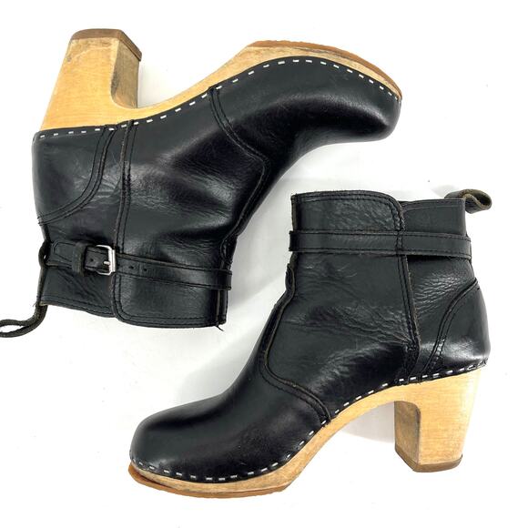 Hasbeens Swedish Black‎ Leather Women's Wooden Heeled Ankle Boot Buckle 40 - 9.5 - Picture 6 of 9